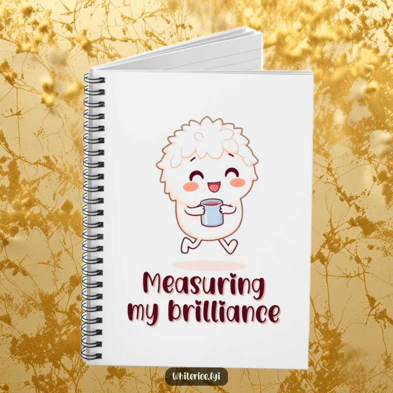 Funny notebook with a playful white rice character skipping happily with a measuring cup, for joyful note-taking.