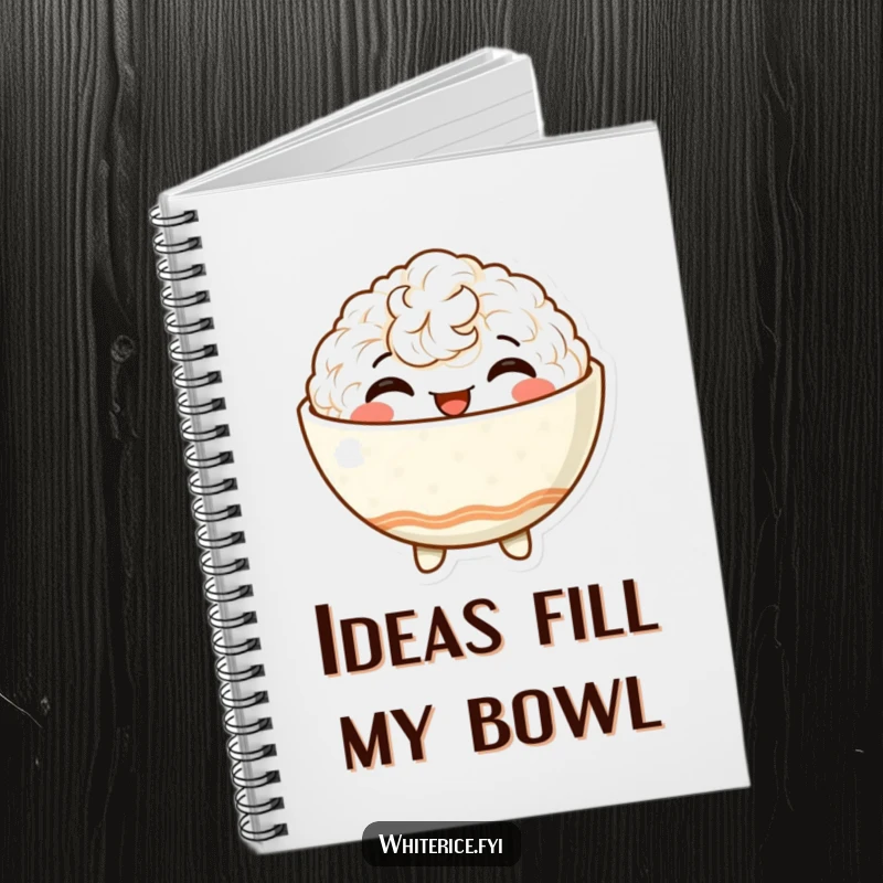 Funny notebook showcasing a delighted, anthropomorphic rice bowl character beaming with satisfaction, perfect for jotting down happy thoughts.