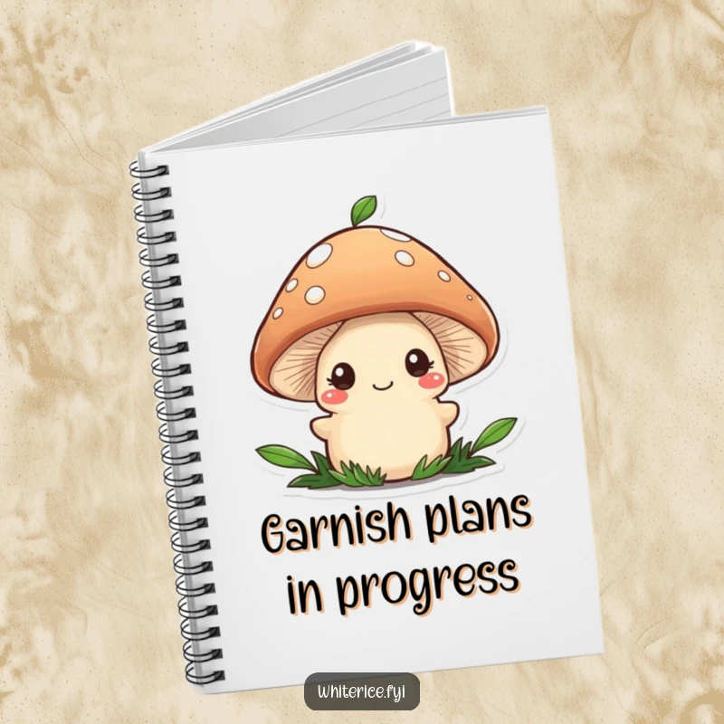 Funny notebook with a shy brown mushroom character adding a final garnish, perfect for jotting down gentle ideas.