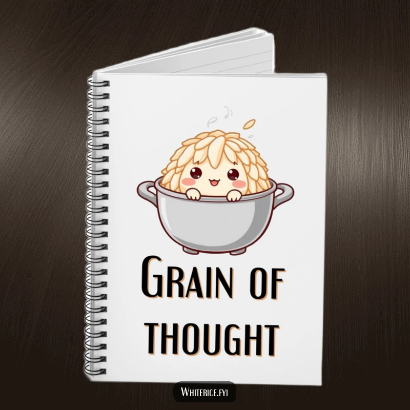 Funny notebook showcasing a curious rice grain peeking out from a steaming pot, perfect for jotting down thoughts and ideas.