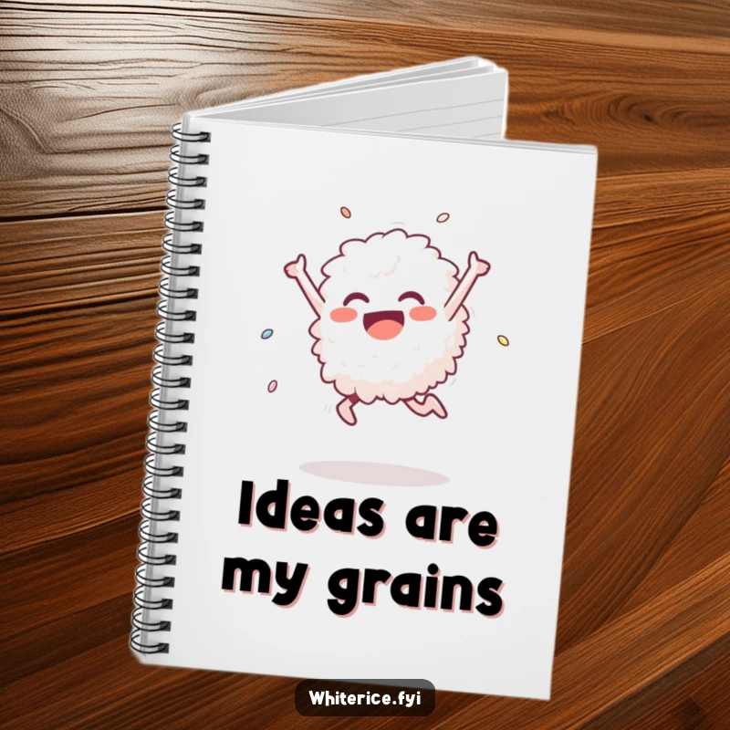 Funny notebook with a delighted white rice grain performing a triumphant leap, encouraging creative writing and note-taking with a humorous, energetic design.