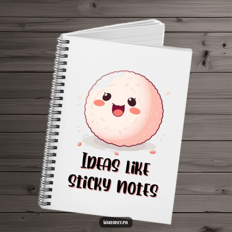 Funny kawaii sticky rice ball notebook, character rolling with delight, cute journal for notes.