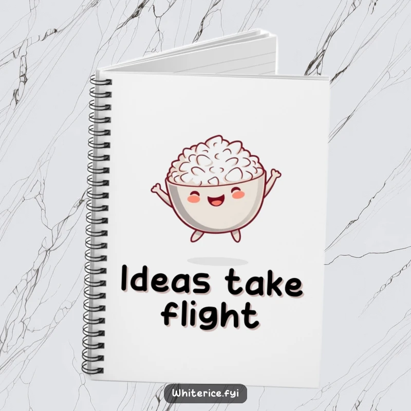 Funny notebook with a cheerful bowl of white rice in a playful jump, great for notes.