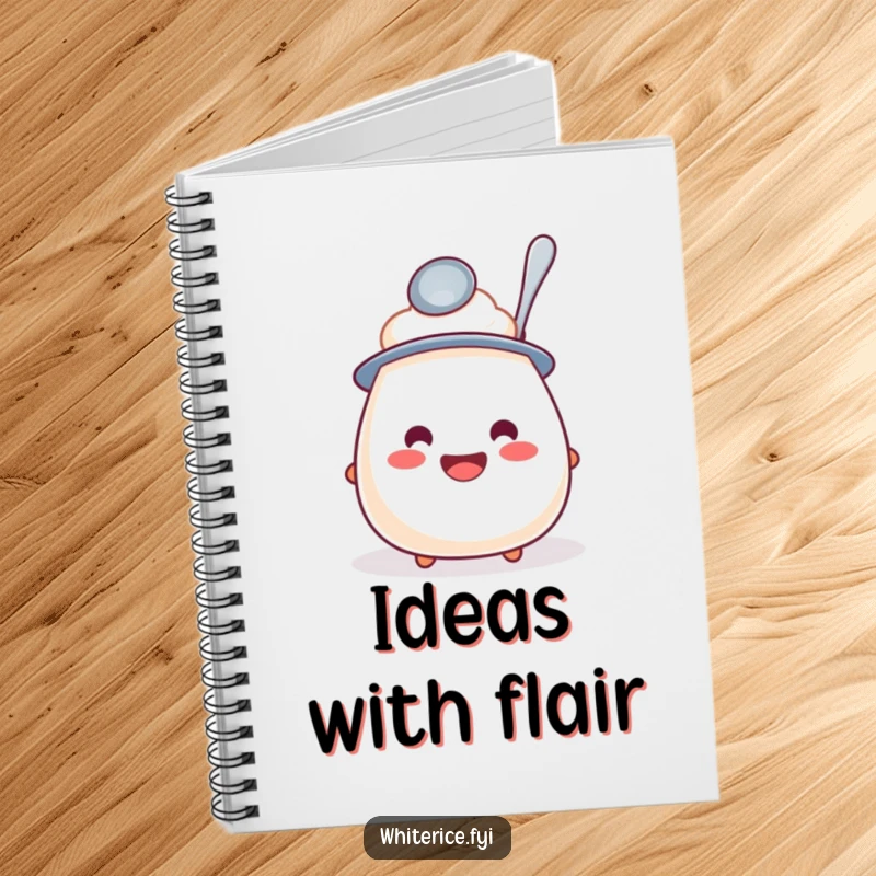 Funny notebook with a jovial rice pudding character wearing a spoon hat, ideal for creative thoughts and daily planning.