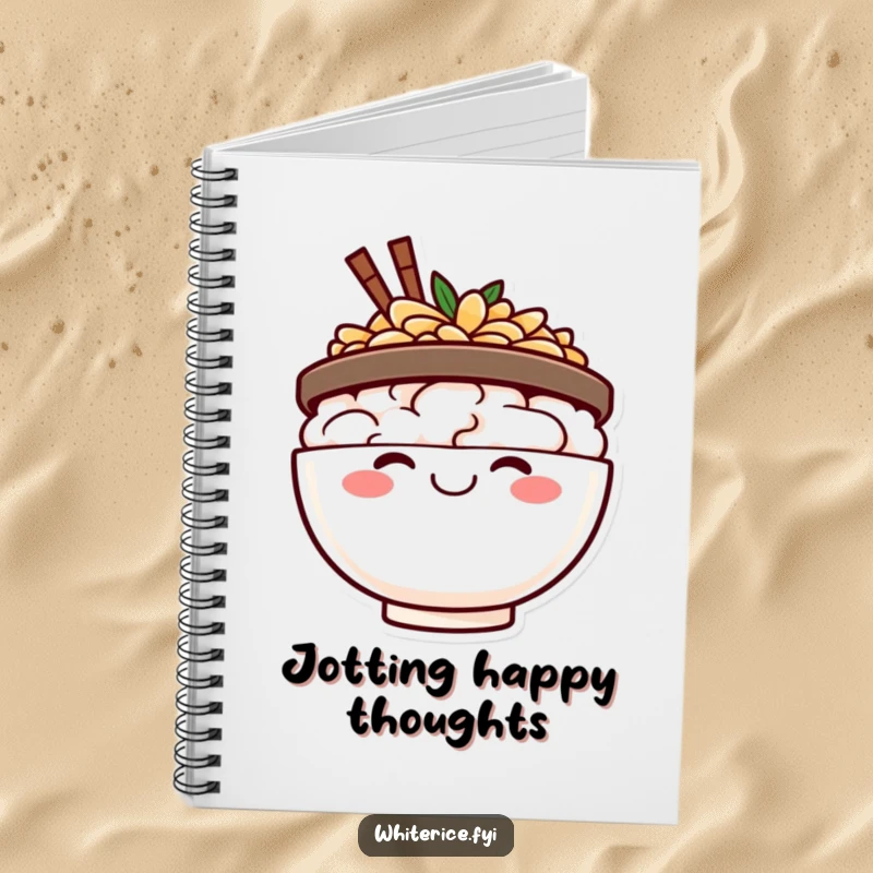 Funny happy rice bowl notebook, beaming with a wide smile, perfect for writing down cheerful thoughts and happy plans.