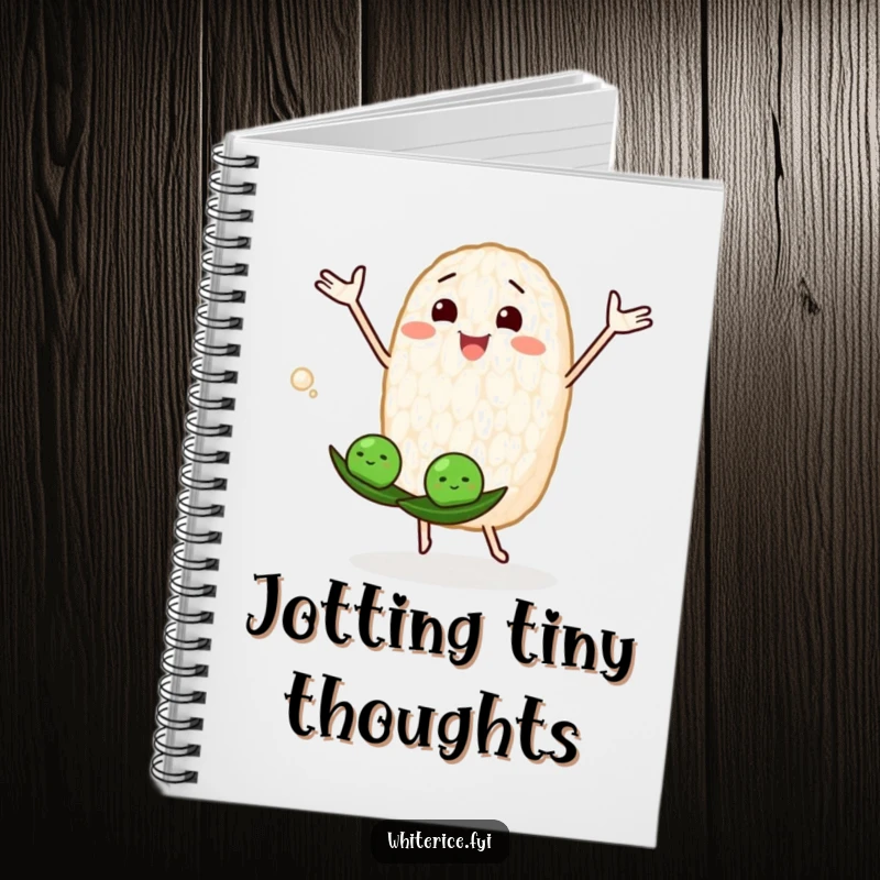 Funny notebook with a happy rice grain character juggling peas, designed for jotting down playful ideas.