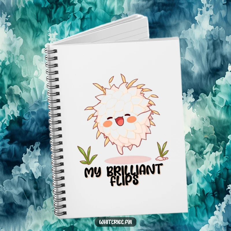 Funny animated white rice grain character doing a somersault, on a notebook cover, inspiring energetic thoughts and creative writing.