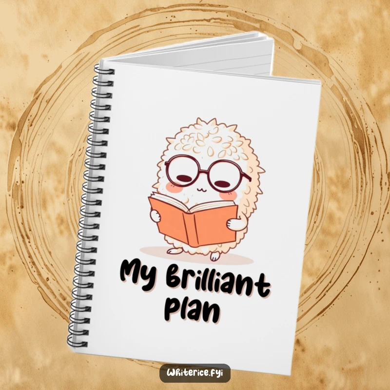 Funny rice notebook cover displays a bewildered rice ball character wearing glasses, reading a large book, perfect for note-taking.