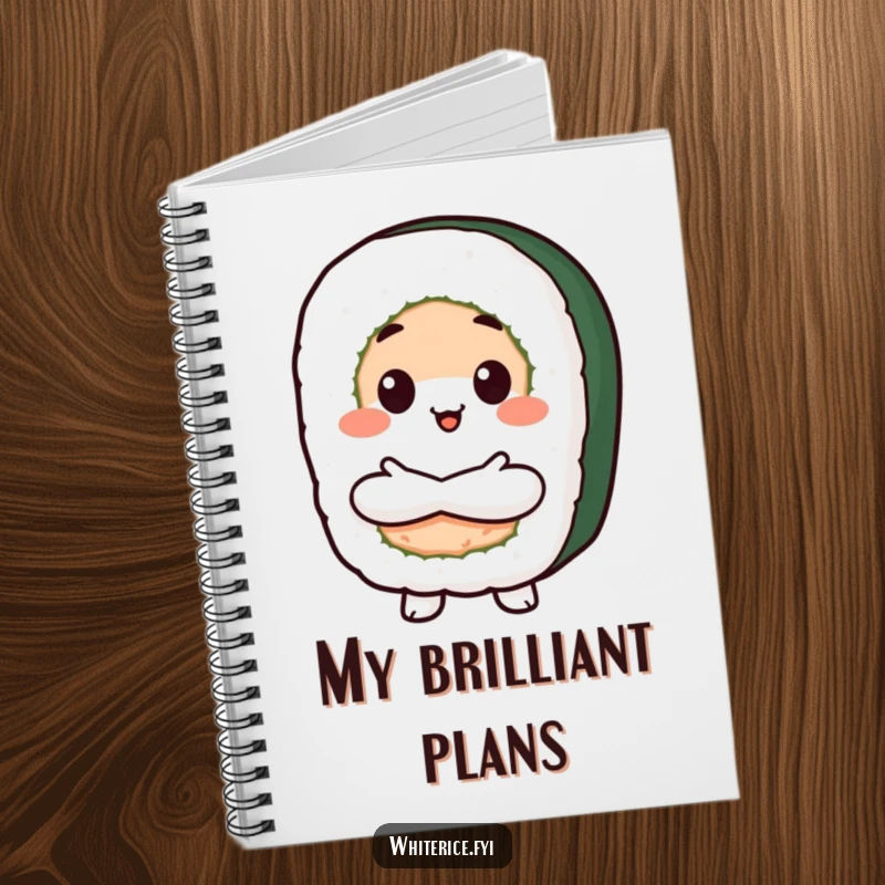 Funny Proud Sushi Notebook featuring a beaming Kawaii sushi roll character with crossed arms, ideal for writing notes with confident, delicious humor.