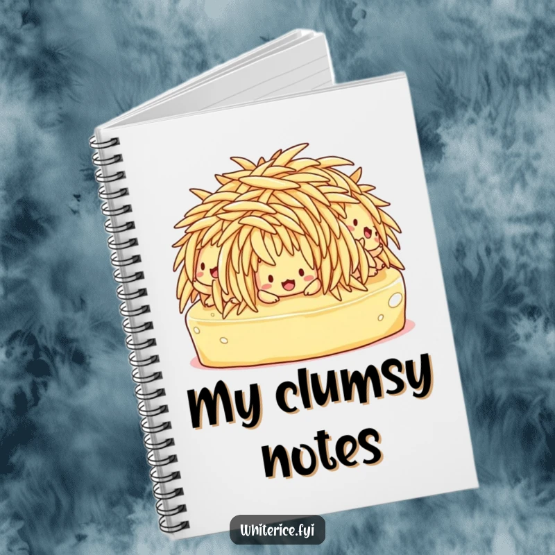 Funny notebook featuring a chaotic scene of confused rice characters slipping on butter, inspiring laughter-filled note-taking.