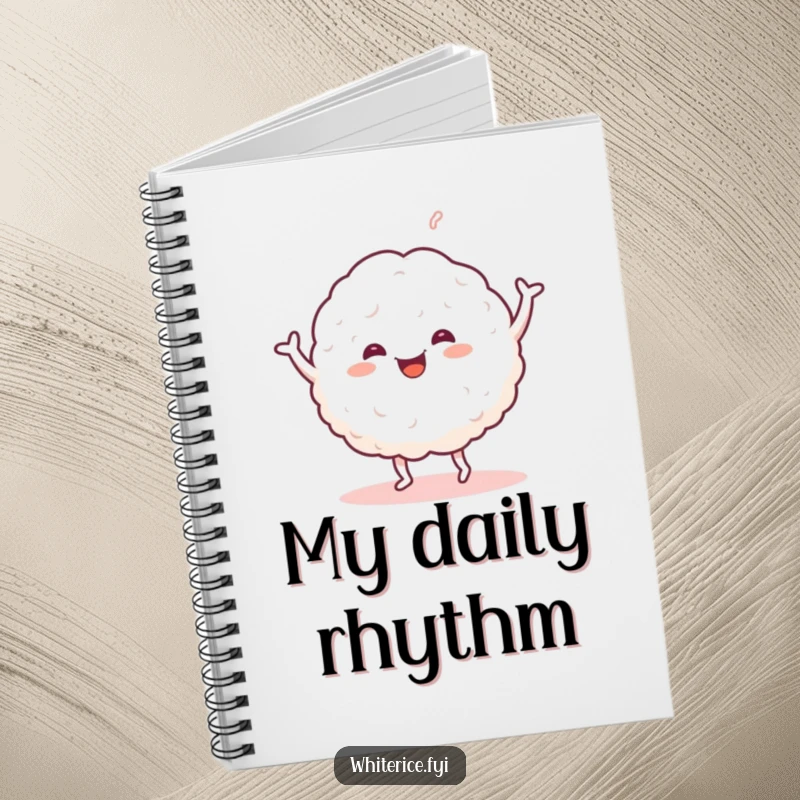 Funny notebook featuring a happy glob of sticky white rice dancing cheerfully. Ideal for notes and creative writing.