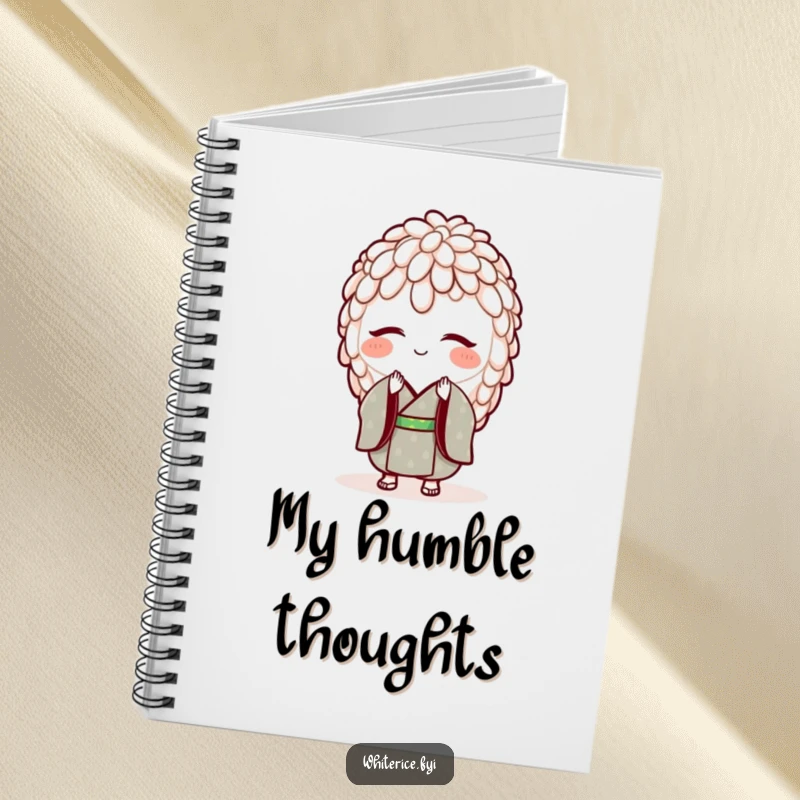 Funny notebook featuring a smiling grain of rice in a tiny kimono, bowing. Ideal for notes and journaling.