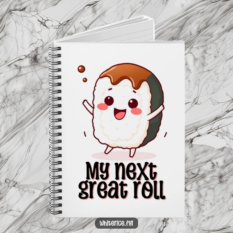 Funny kawaii sushi roll notebook, character dancing happily with soy sauce, cute journal for notes.