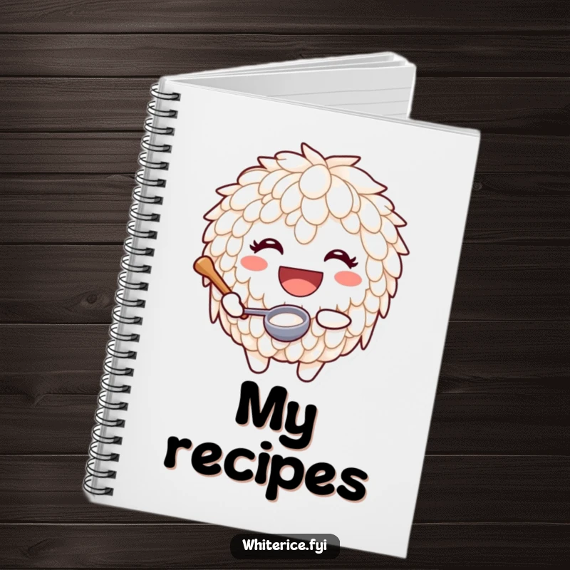Funny notebook featuring a joyful rice character with a huge smile and a tiny ladle, inspiring delicious creations.