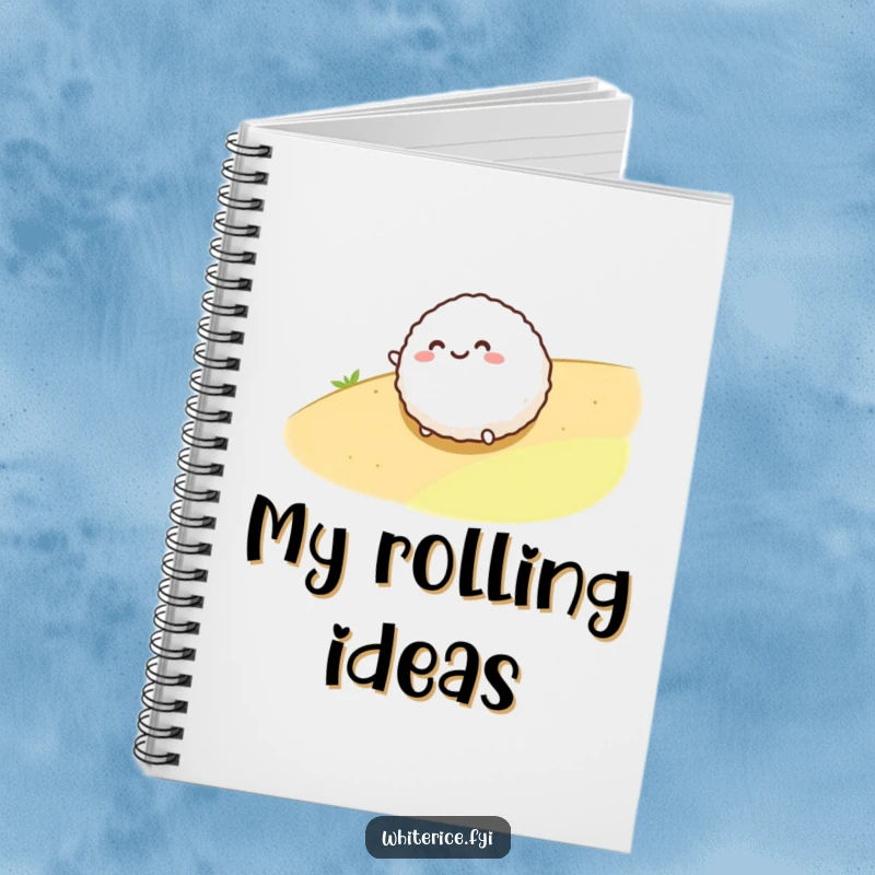 Funny notebook featuring a smiling, round rice ball character rolling playfully down a gentle slope, perfect for recipe notes.