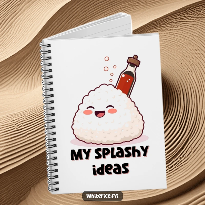 Funny notebook featuring a giggling mound of rice laughing as soy sauce sprays. Perfect for notes and ideas.