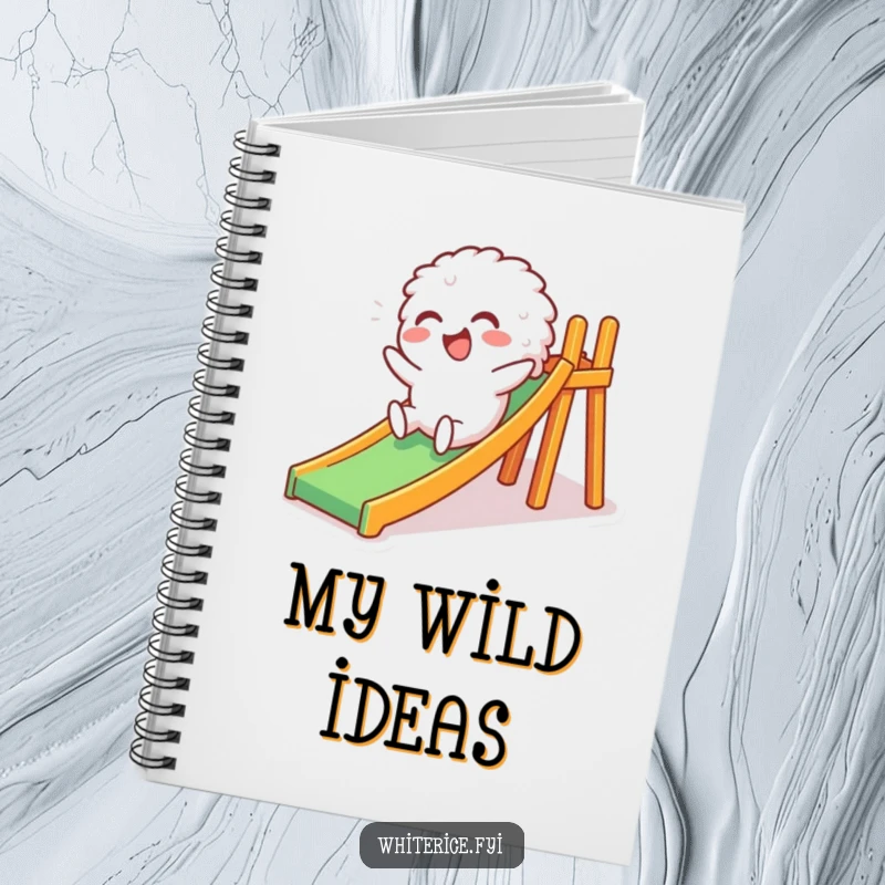 Funny notebook featuring a giggling white rice character sliding down a small slide, ideal for jotting notes and ideas with a playful, humorous theme.
