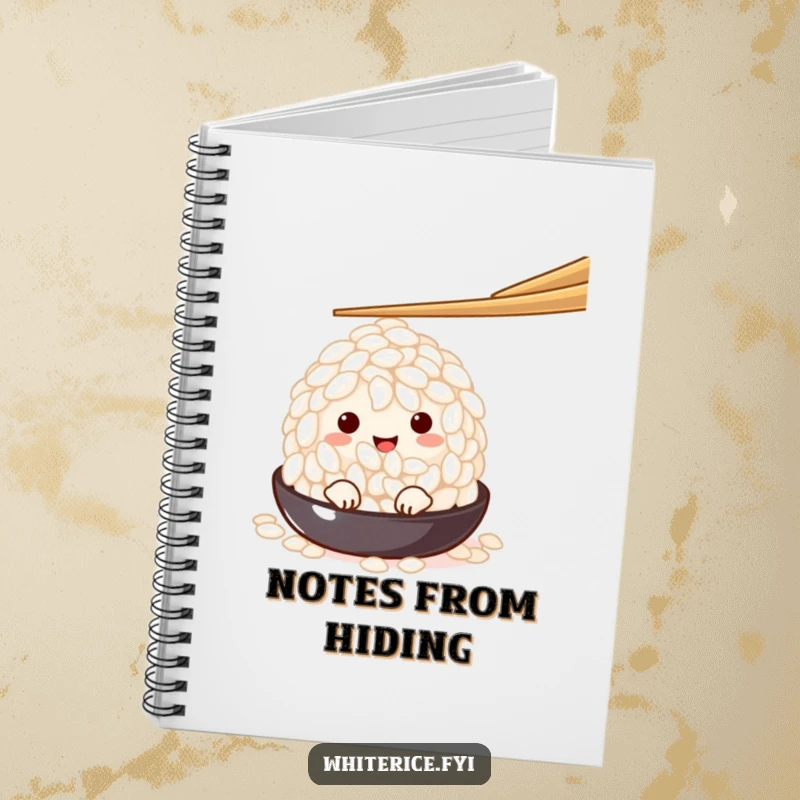 Funny charming white rice grain character peeking from under a chopstick, on a notebook cover, inspiring secret thoughts and creative writing.