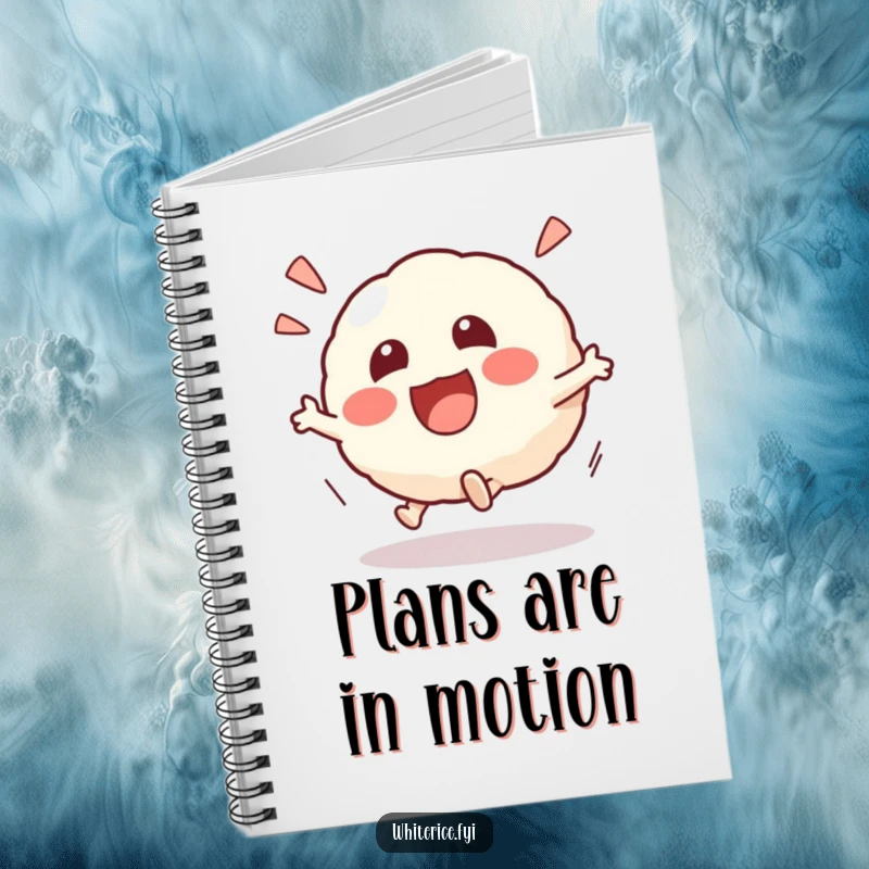 Funny Kawaii risotto ball notebook with an excited character rolling playfully, ideal for capturing ideas with a side of fun and humor, a thoughtful gift.