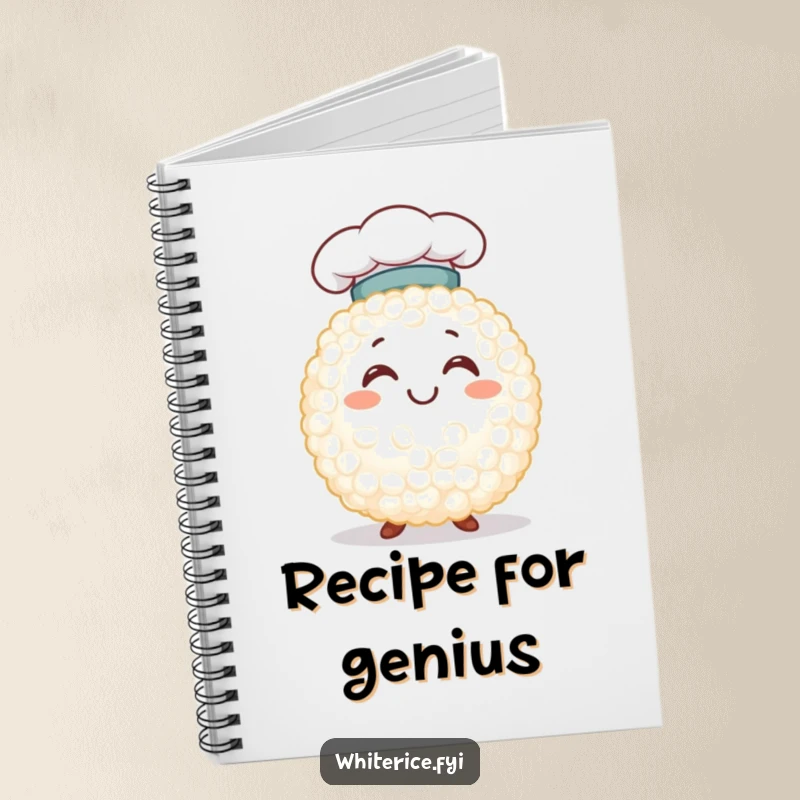 Funny smiling white rice grain character wearing a chef hat, on a notebook cover, inspiring delicious recipes and creative writing.