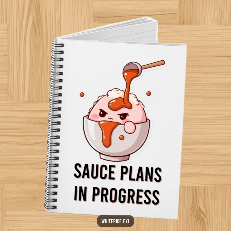 Funny notebook featuring a determined pink rice bowl character pouring savory sauce, ideal for jotting down humorous ideas.