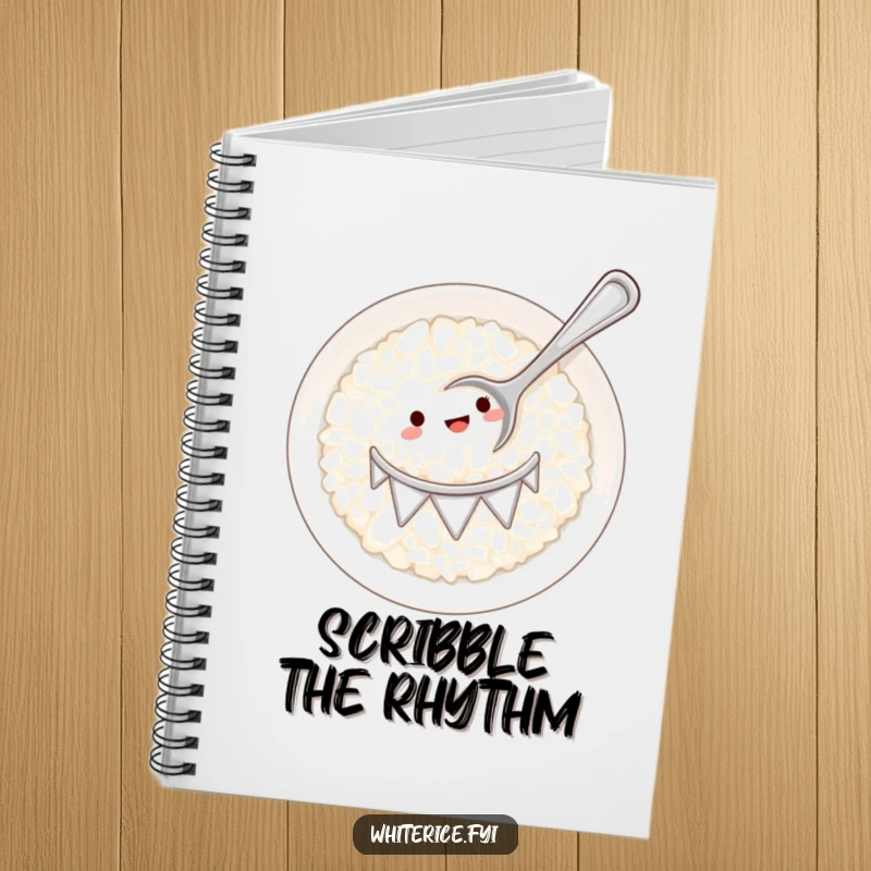 Funny white rice plate drum with tiny spoon notebook, ideal for jotting down ideas with a musical and humorous flair.