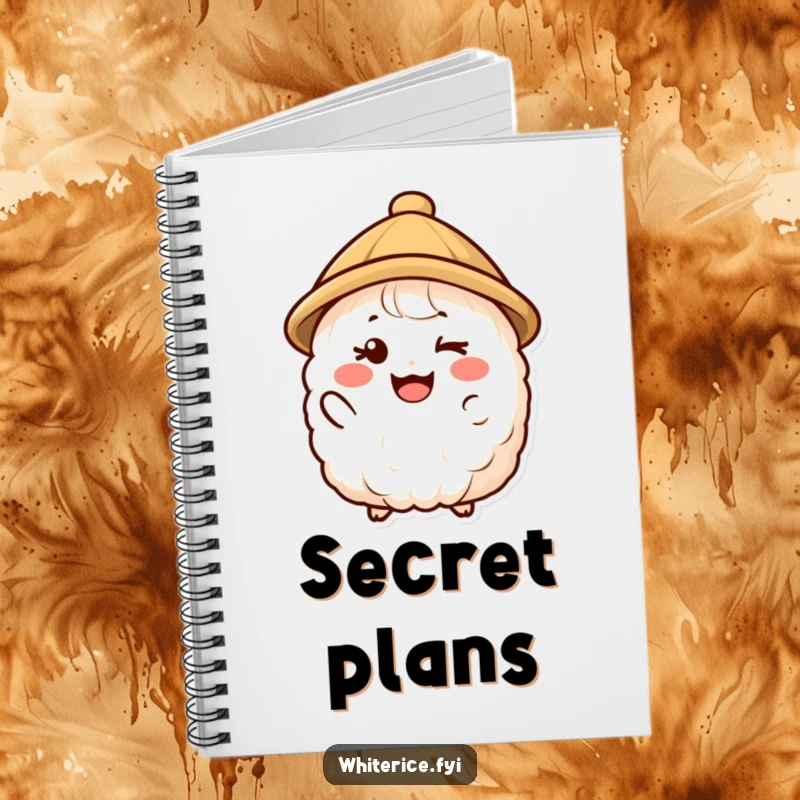 Funny notebook featuring a happy rice character in a small hat giving a friendly wink, inspiring secret thoughts and smiles.