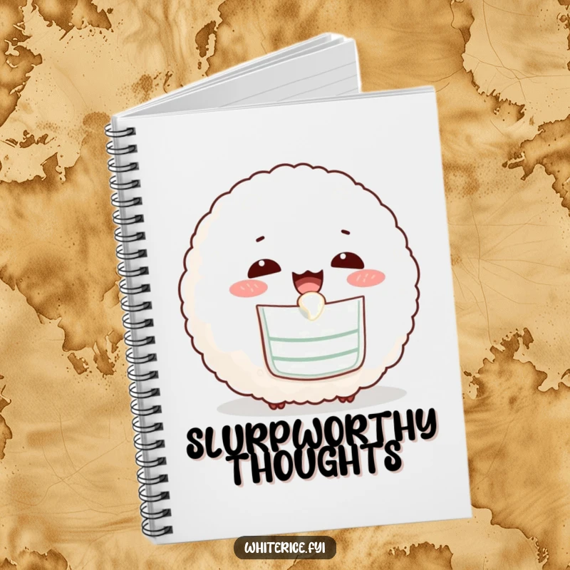 Funny notebook featuring a cute rice ball in a bib, happily slurping, perfect for jotting down thoughts.