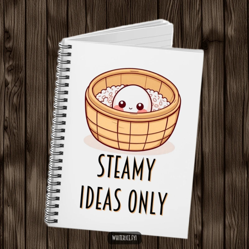 Funny curious rice grain notebook, peeking from bamboo steamer, cute stationery for notes and journaling.