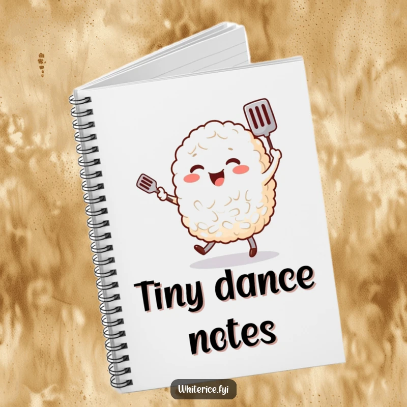 Funny notebook featuring a cheerful, plump grain of rice character happily dancing with a tiny spatula, perfect for recipe notes.