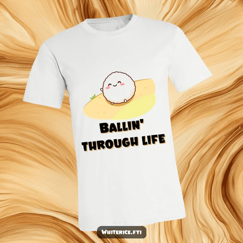 Funny t-shirt depicting a smiling, round rice ball character rolling playfully down a gentle slope with joyful abandon.