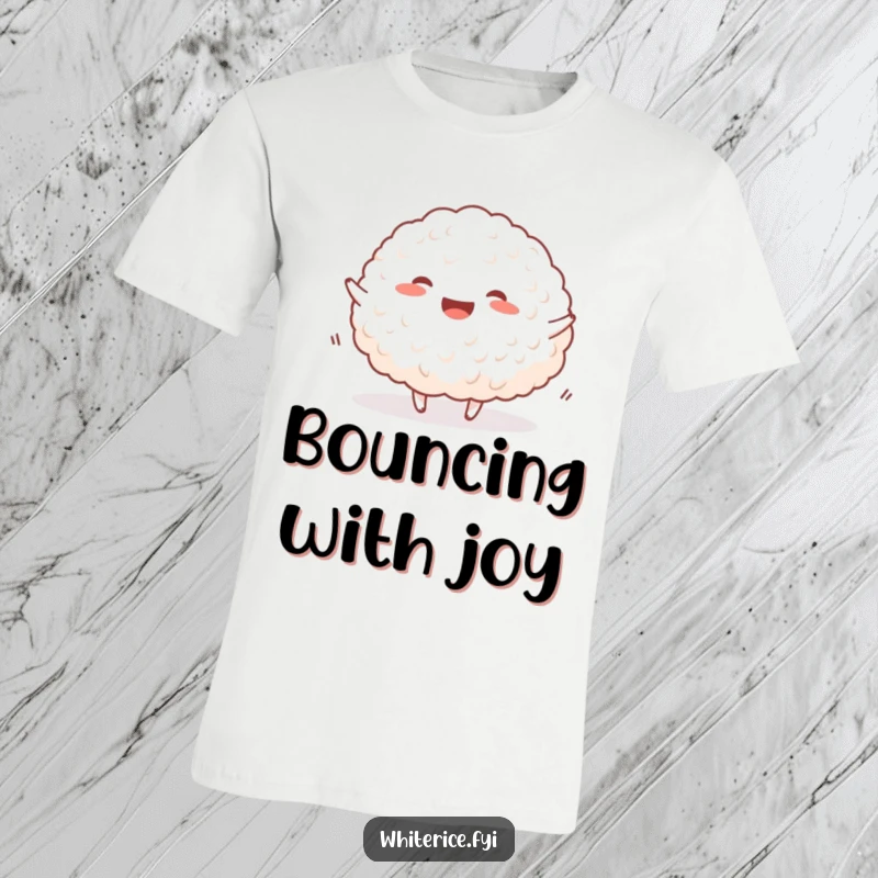 Funny happy rice t-shirt showing a joyful mound of white rice bouncing happily, radiating positive energy.
