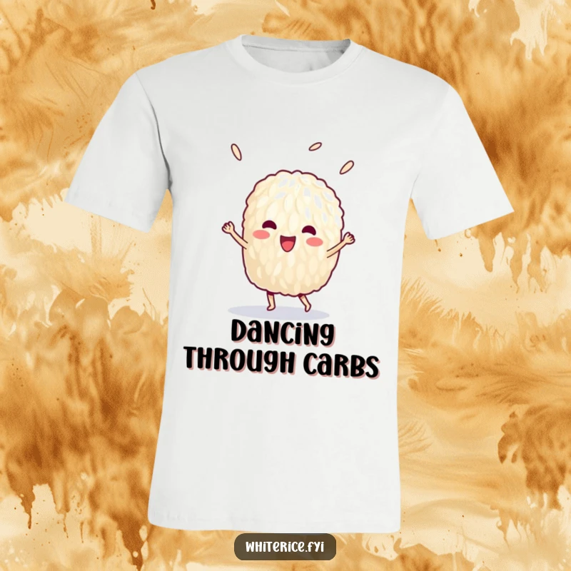 Funny t-shirt depicting a delighted single grain of rice performing a joyous victory dance, full of energy.