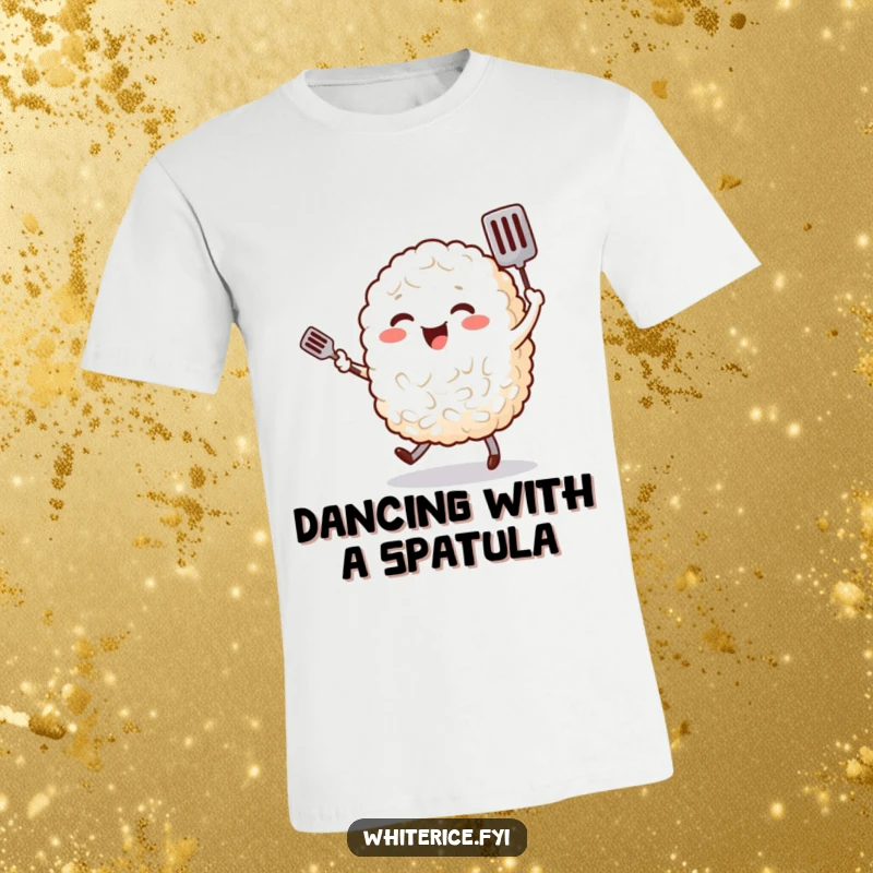 Funny t-shirt depicting a cheerful, plump grain of rice character happily dancing with a tiny spatula, a fun food theme.