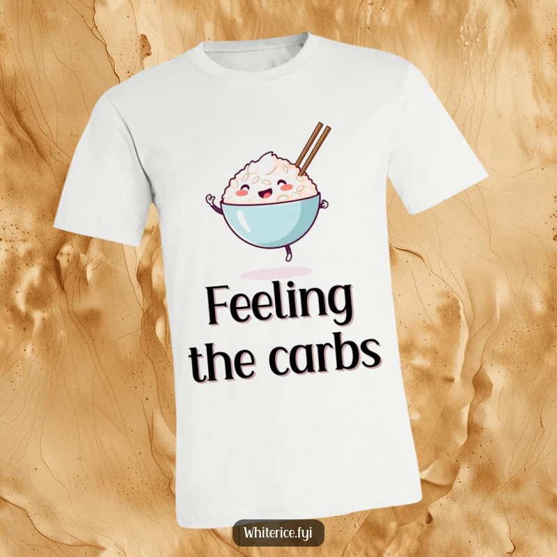 Funny happy white rice bowl t-shirt, dancing energetically with chopsticks, a humorous food-themed wearable design.