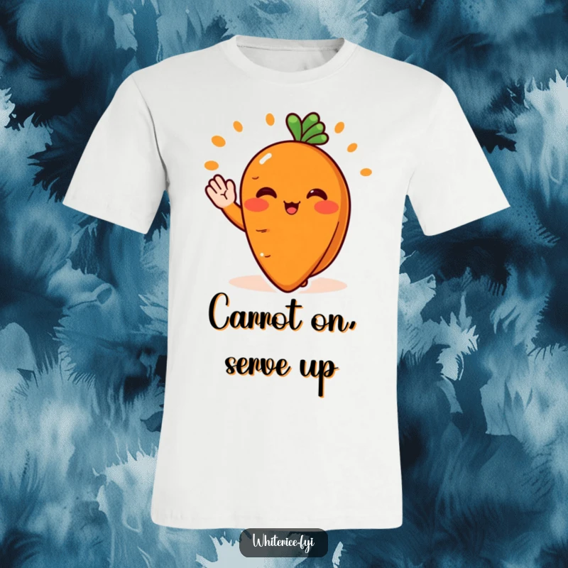 Funny t-shirt with a blushing orange carrot slice character waving cheerfully and serving food, a wholesome food design.