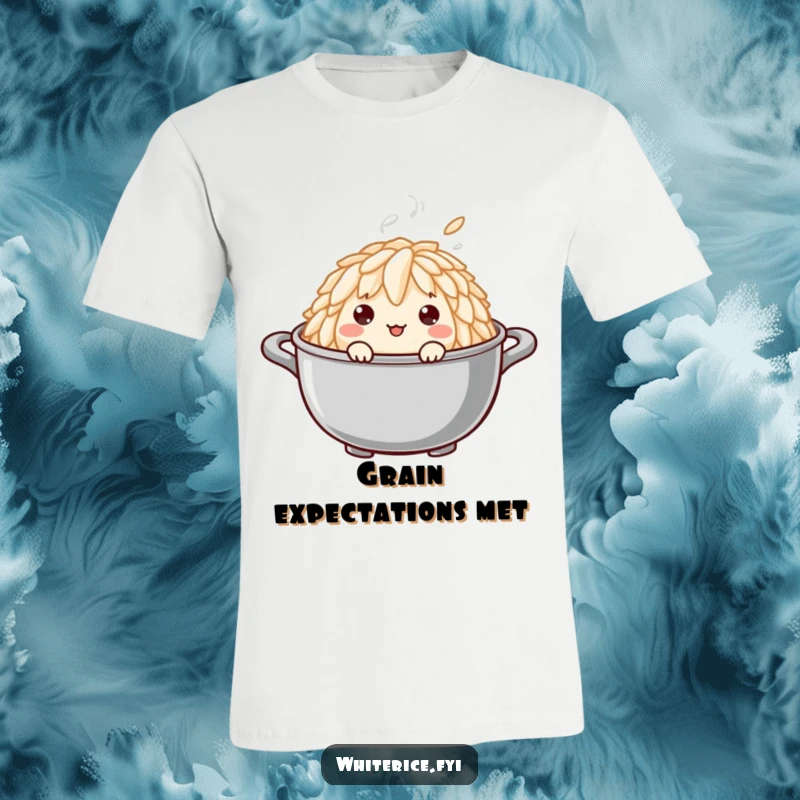 Funny t-shirt depicting a curious rice grain character peeking from a steaming pot, radiating joy and a hint of mischief.