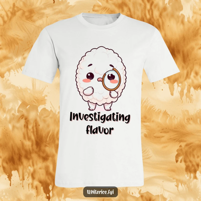 Funny white rice character t-shirt, intensely focused on exploring with a small magnifying glass, conveying curiosity.
