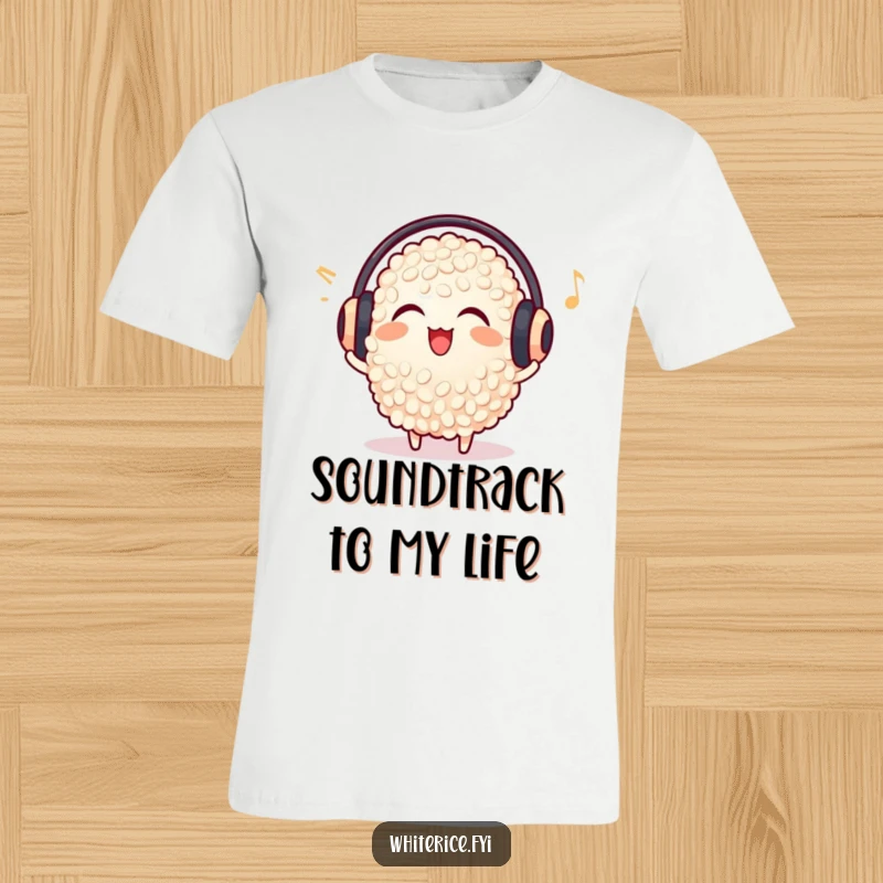 Funny delighted rice grain t-shirt, wearing earmuffs, enjoying music, vibrant and humorous food apparel.