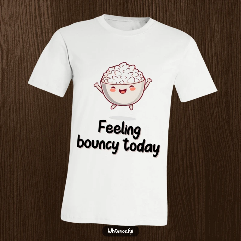 Funny t-shirt featuring a cheerful bowl of white rice performing a playful mid-air jump, perfect for foodies.