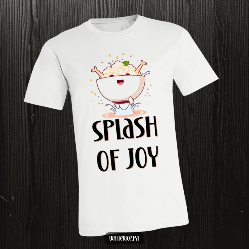 Funny kawaii rice bowl T-shirt performing a joyful jump with a splash, dynamic and hilarious foodie tee, perfect funny gift.