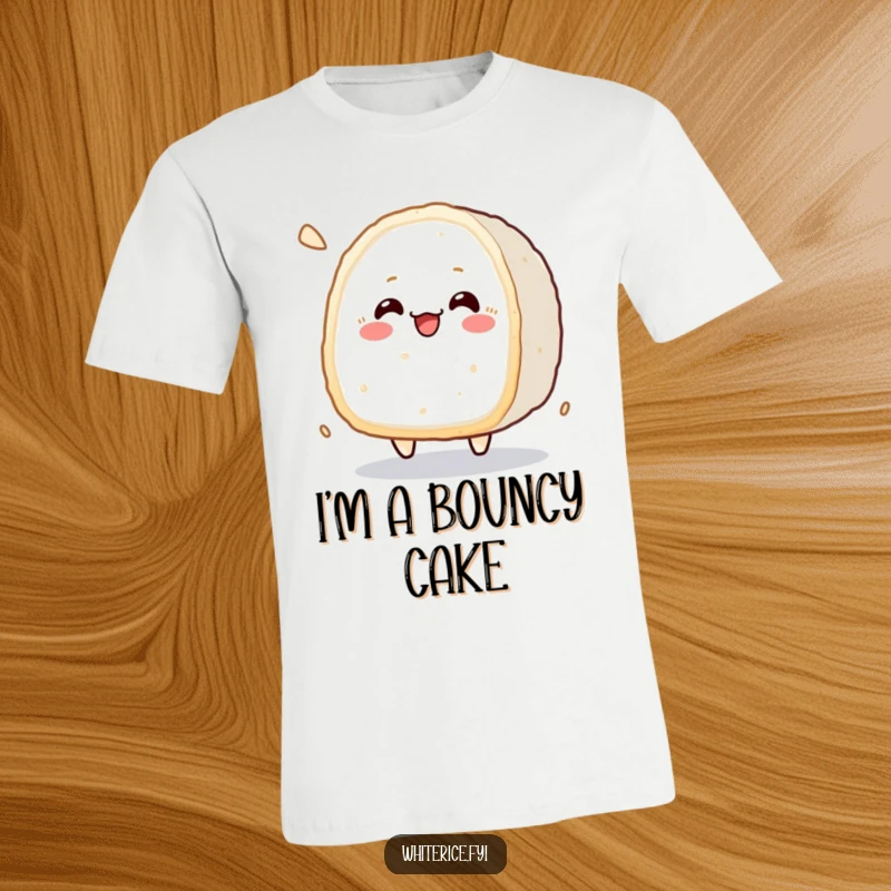 Funny kawaii t-shirt featuring a cheerfully bouncing rice cake character with a soft, happy thud.