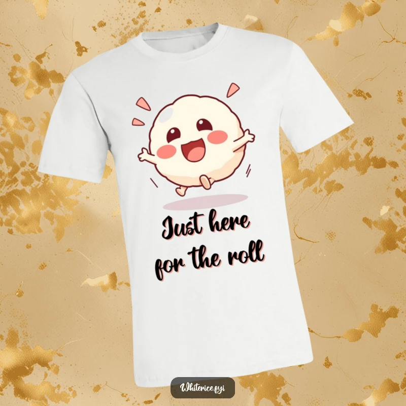 Funny Kawaii risotto ball T-shirt featuring an excited character in a playful rolling motion, full of energy and humor, a great gift.