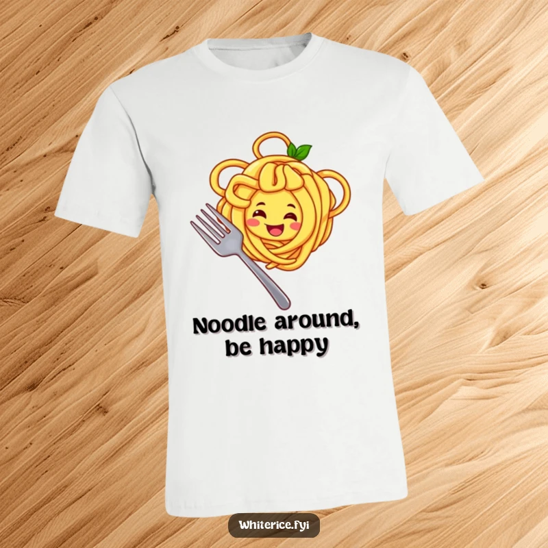 Funny t-shirt with a joyful yellow noodle character smiling widely and twirling around a fork, a playful food design.