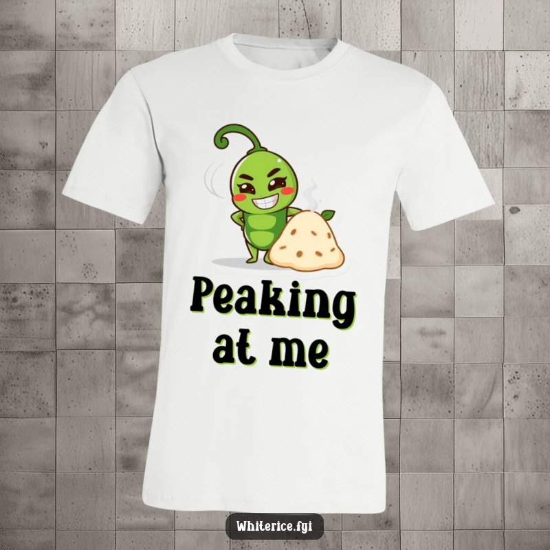 Funny proud green pea character with a determined grin next to a steaming mound on a funny t-shirt.