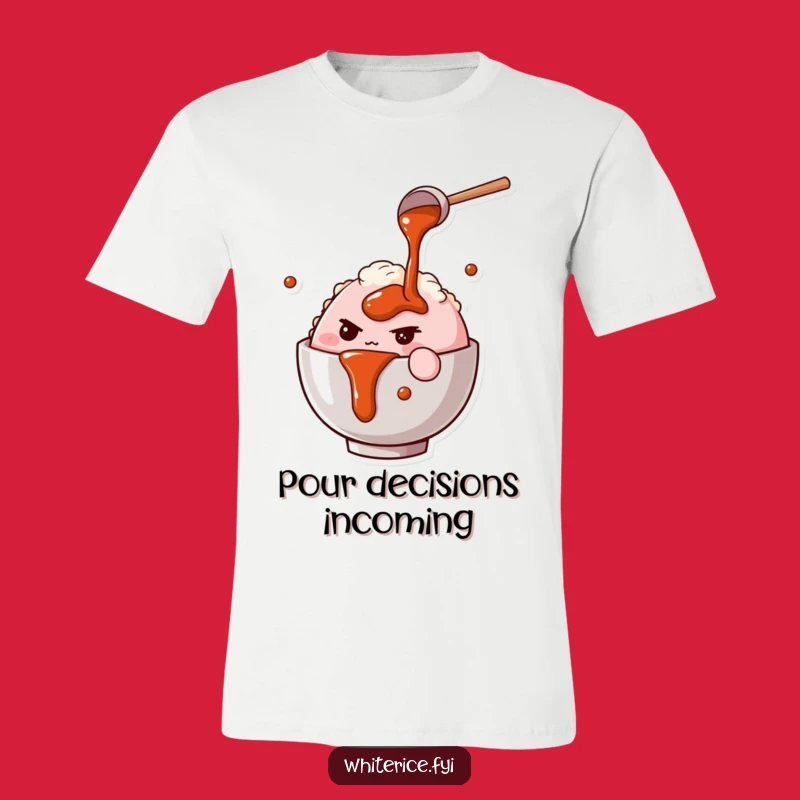Funny Rice Bowl Chef T-Shirt: Determined Character Pours Sauce, Awesome Gift