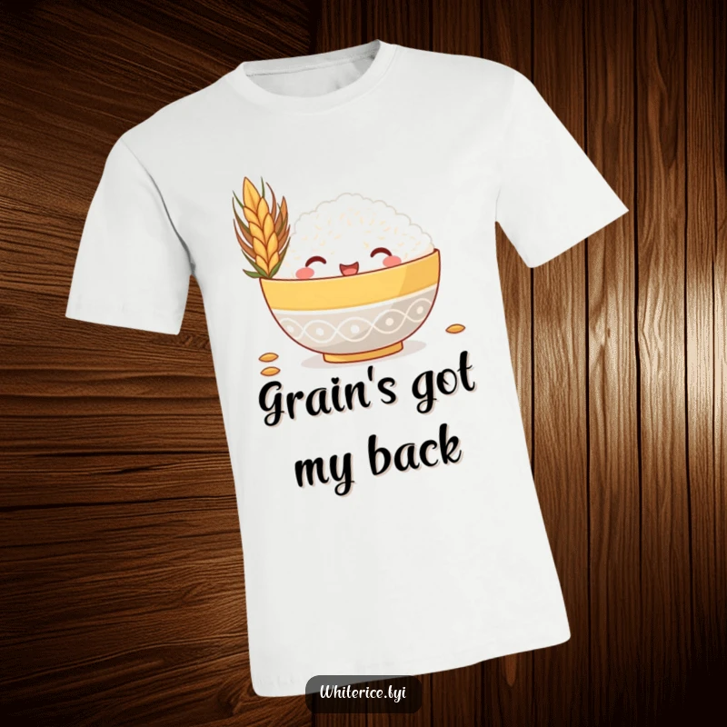 Funny t-shirt with a charming rice bowl peeking out from behind a massive grain, illustrating a funny and adorable food character.