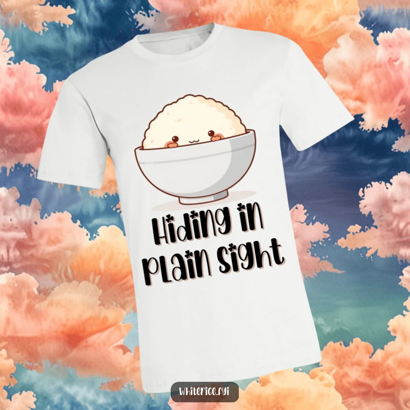 Funny t-shirt with a blushing rice cake shyly peeking from behind a bowl, radiating adorable bashfulness.