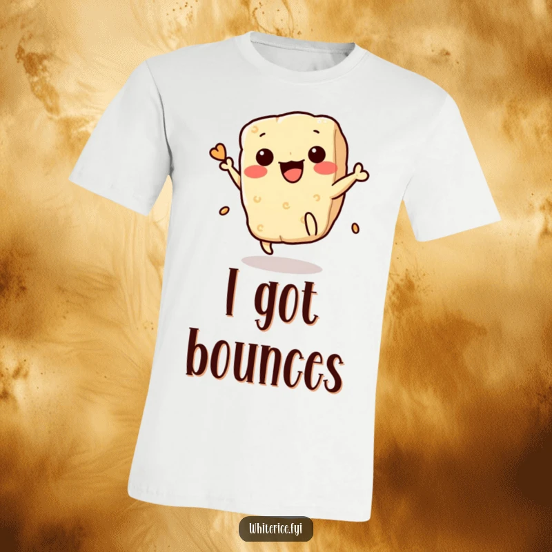 Funny Rice Cracker T-Shirt: A cute Kawaii character executing a daring flip, embodying playful energy and snack-themed hilarity, ideal for casual wear.
