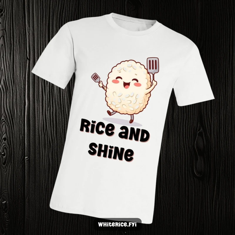 Funny, cheerful rice grain character happily dancing with a tiny spatula, printed on a comfortable t-shirt.